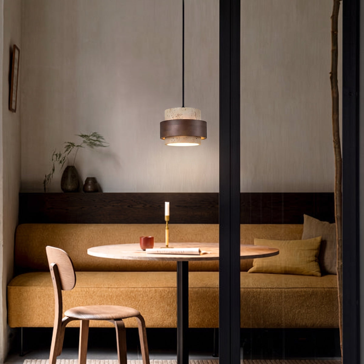 Natural Travertine Stone Pendant Light with Wood Accents – Adjustable Height LED Ceiling Fixture for Dining Room, Kitchen Island & Bar | Thomler