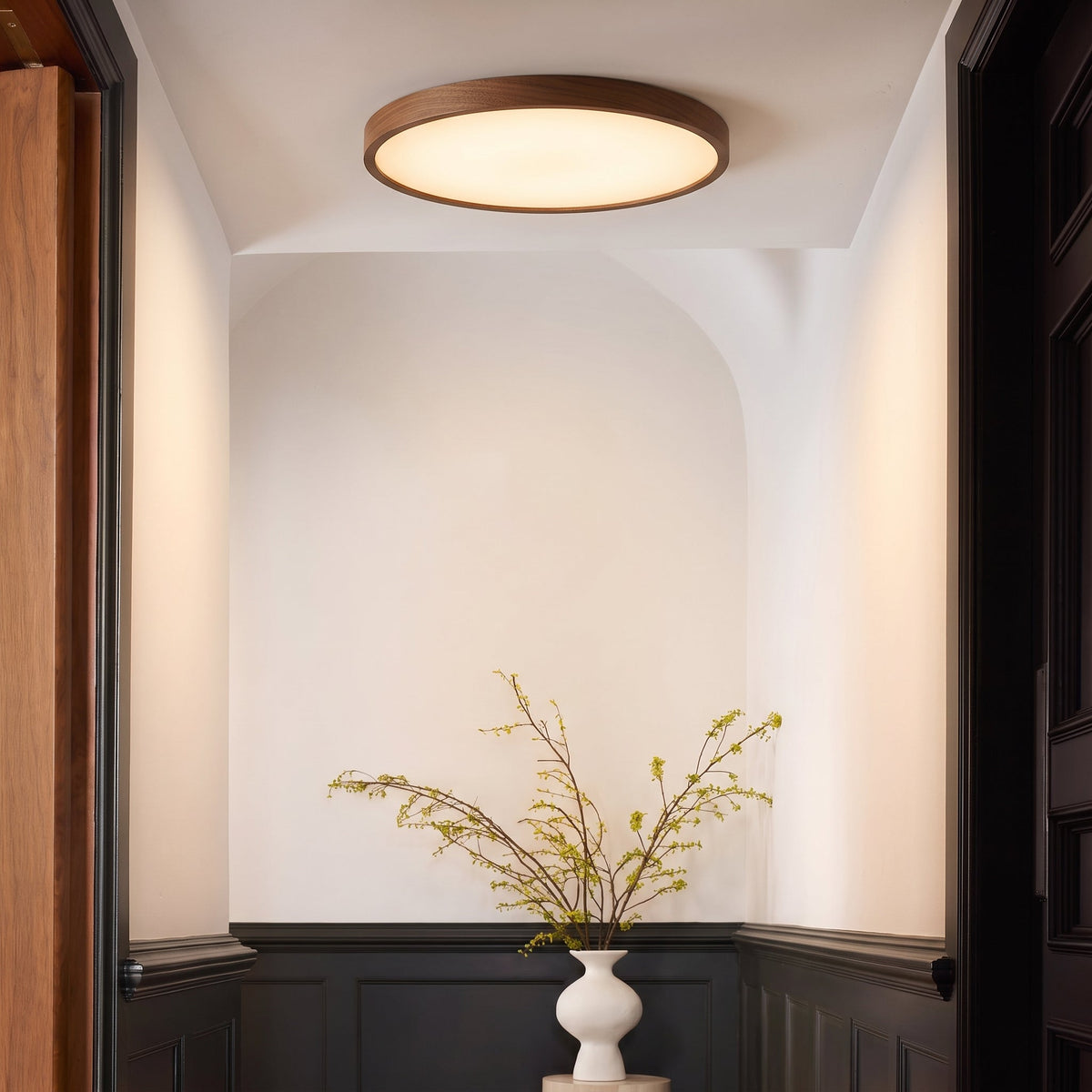 Wooden Flush Mount Ceiling Light Fixture – Natural Dark Grain Round LED Ceiling Lamp for Living Room Dining Room – Scandinavian Nordic | Thomler