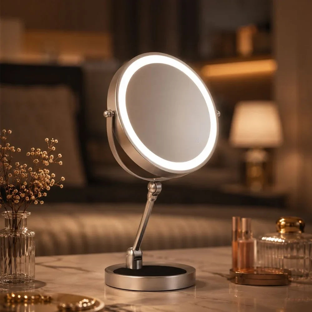 Dual-Sided Vanity Mirror 10x Magnification LED Rechargeable Touch Control Tabletop Cosmetic Mirror 360° Rotating Desktop for Makeup | Thomler