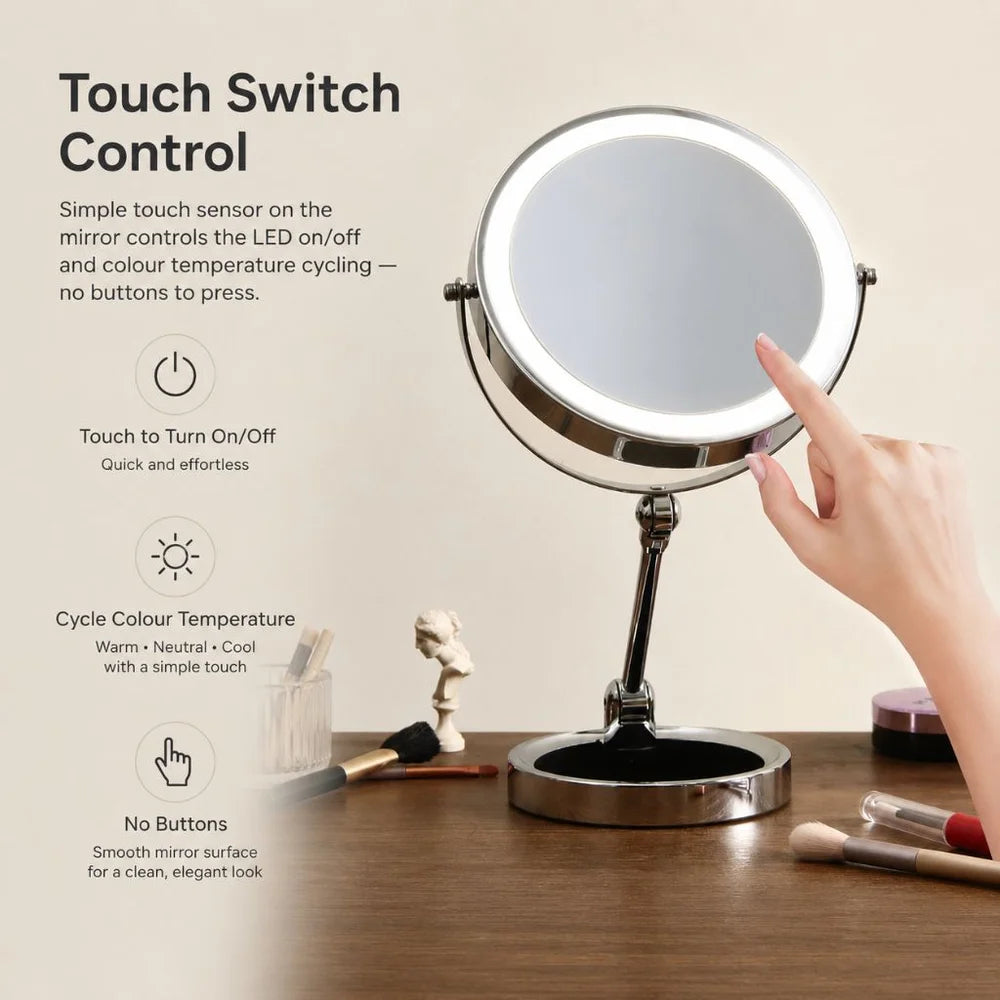 Dual-Sided Vanity Mirror 10x Magnification LED Rechargeable Touch Control Tabletop Cosmetic Mirror 360° Rotating Desktop for Makeup | Thomler