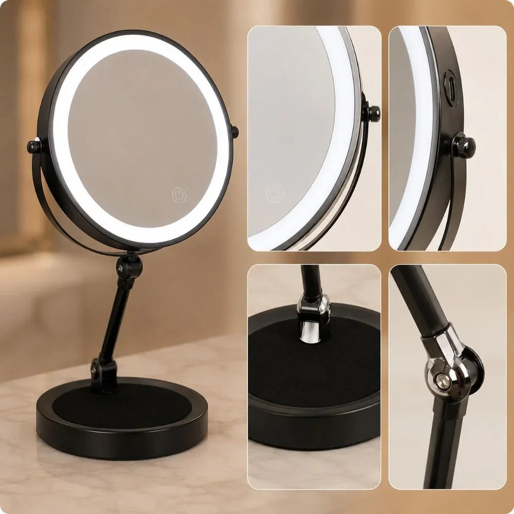 Dual-Sided Vanity Mirror 10x Magnification LED Rechargeable Touch Control Tabletop Cosmetic Mirror 360° Rotating Desktop for Makeup | Thomler