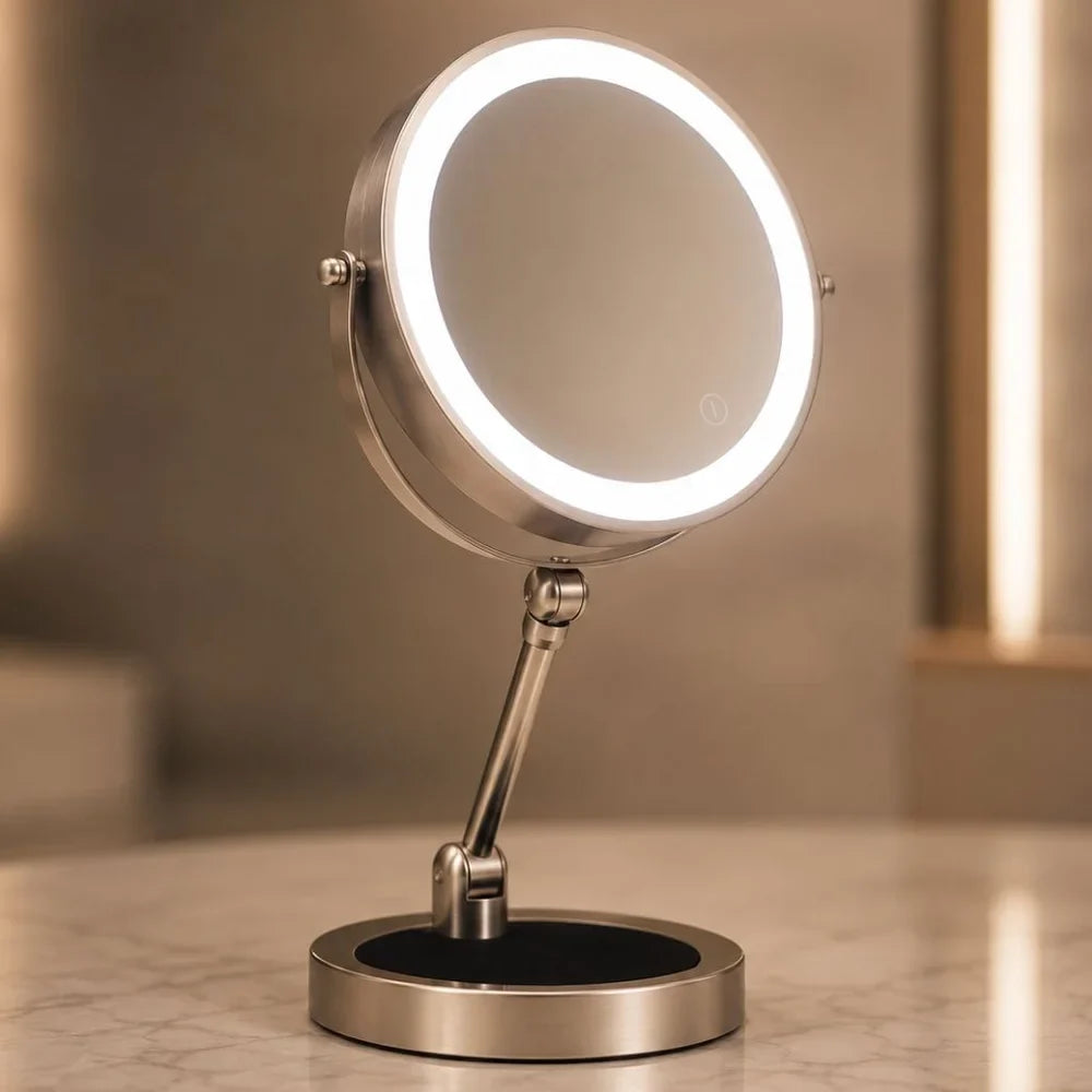 Dual-Sided Vanity Mirror 10x Magnification LED Rechargeable Touch Control Tabletop Cosmetic Mirror 360° Rotating Desktop for Makeup | Thomler