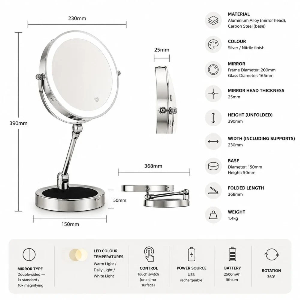 Dual-Sided Vanity Mirror 10x Magnification LED Rechargeable Touch Control Tabletop Cosmetic Mirror 360° Rotating Desktop for Makeup | Thomler