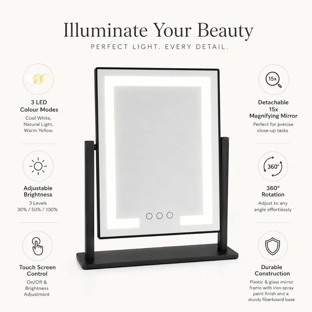 Touch-Controlled Tabletop Makeup Mirror with Three Light Modes and Detachable 15x Magnification for Precise Beauty Application | Thomler