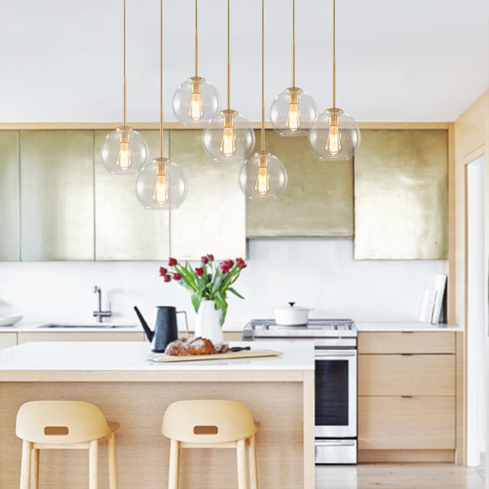 Pendant Light Glass Sphere 90.0 cm Brass Kitchen Island Dining Room Adjustable Seven Light Ceiling Fixture | Thomler