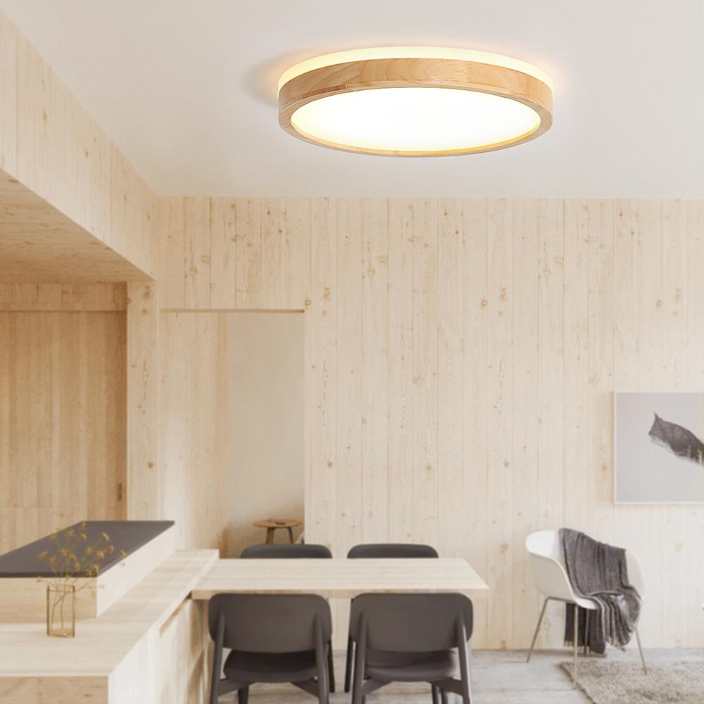 Dimmable Hardwired Ceiling Light Fixture Wood Rim Acrylic Shade 5-Color Temperature Adjustable LED Module for Kitchen Bedroom Living Room | Thomler