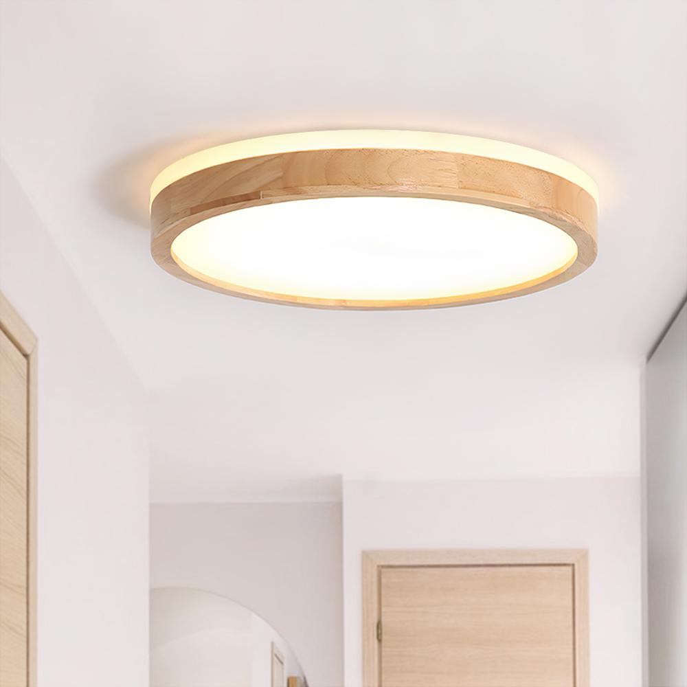 Dimmable Hardwired Ceiling Light Fixture Wood Rim Acrylic Shade 5-Color Temperature Adjustable LED Module for Kitchen Bedroom Living Room | Thomler