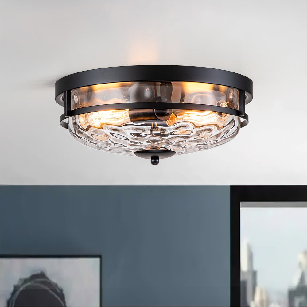 Ceiling Light Hammered Glass 33.0 cm Black Gold Flush Mount Living Room Bedroom Hallway Farmhouse Lighting Fixture | Thomler
