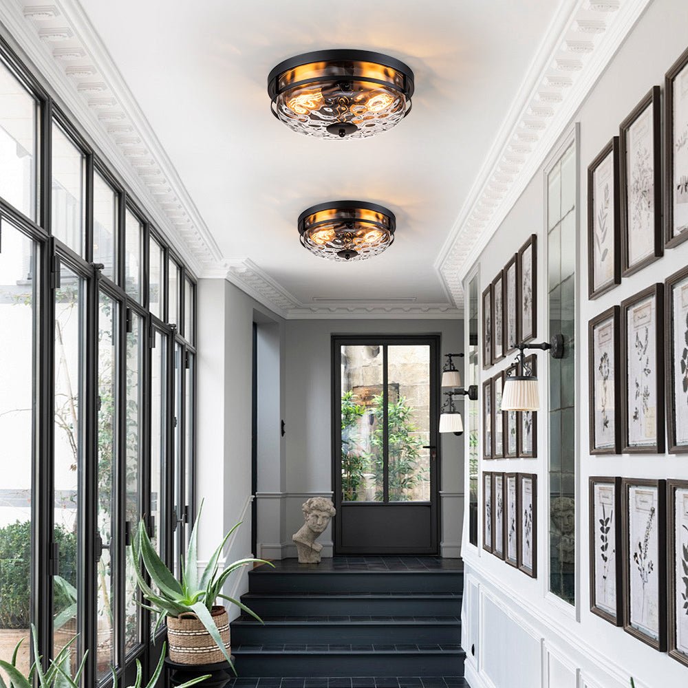 Ceiling Light Hammered Glass 33.0 cm Black Gold Flush Mount Living Room Bedroom Hallway Farmhouse Lighting Fixture | Thomler