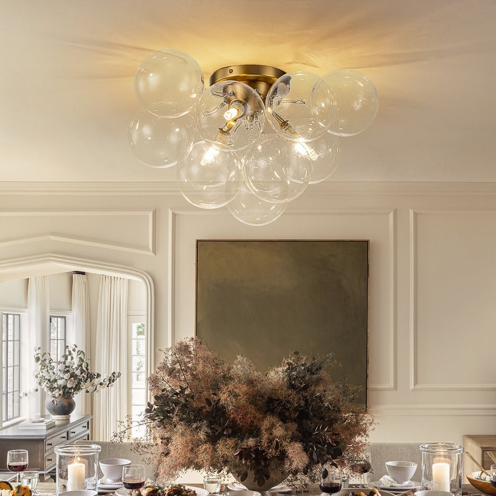 Clear Glass Globe Semi-Flush Ceiling Light, 3-Bulb Brushed Metal Cluster Fixture for Dining Room, Bedroom, Entryway, Bathroom | Thomler