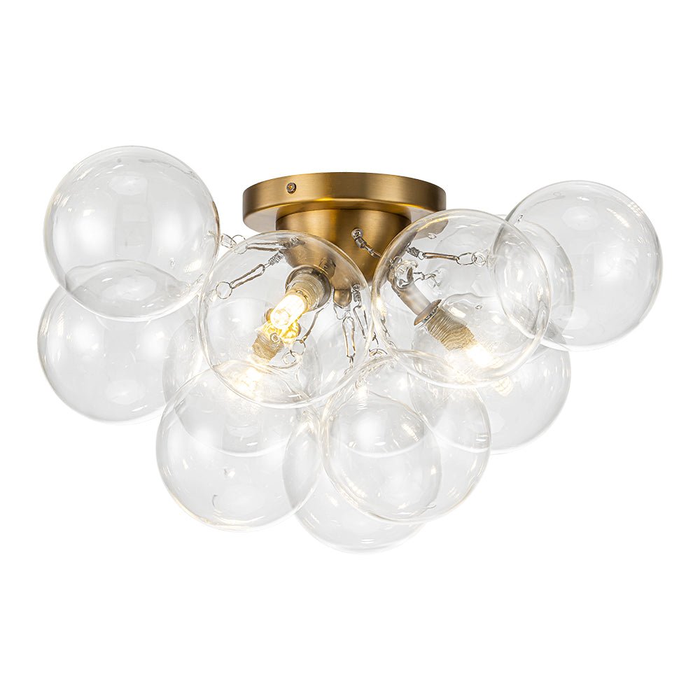 Clear Glass Globe Semi-Flush Ceiling Light, 3-Bulb Brushed Metal Cluster Fixture for Dining Room, Bedroom, Entryway, Bathroom | Thomler