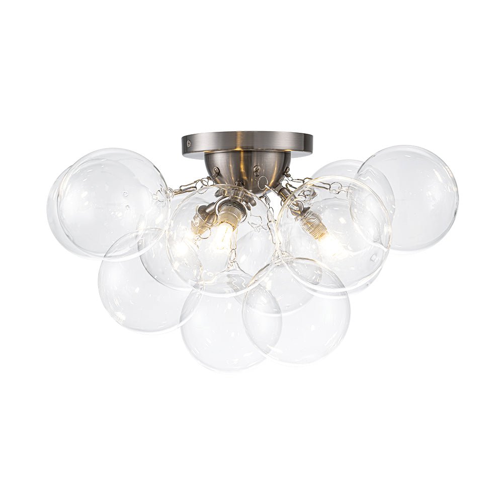 Clear Glass Globe Semi-Flush Ceiling Light, 3-Bulb Brushed Metal Cluster Fixture for Dining Room, Bedroom, Entryway, Bathroom | Thomler