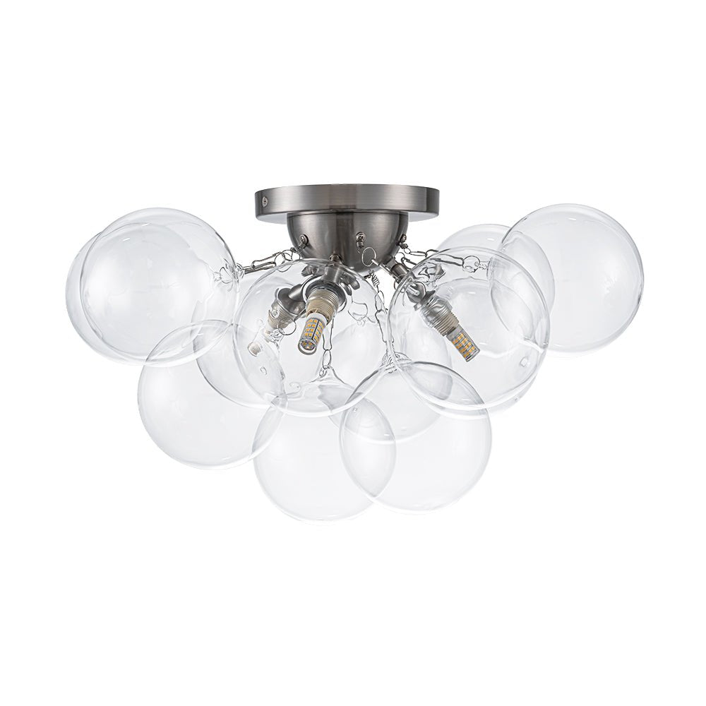 Clear Glass Globe Semi-Flush Ceiling Light, 3-Bulb Brushed Metal Cluster Fixture for Dining Room, Bedroom, Entryway, Bathroom | Thomler
