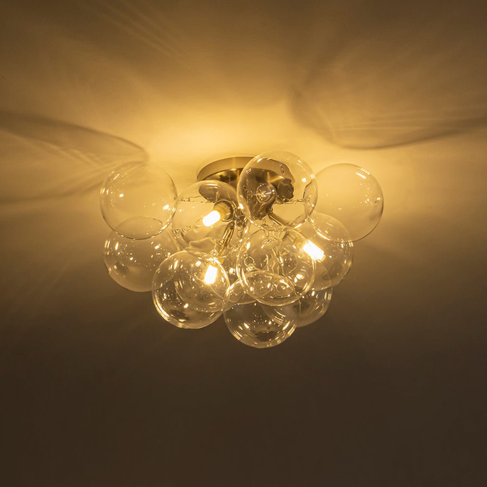 Clear Glass Globe Semi-Flush Ceiling Light, 3-Bulb Brushed Metal Cluster Fixture for Dining Room, Bedroom, Entryway, Bathroom | Thomler