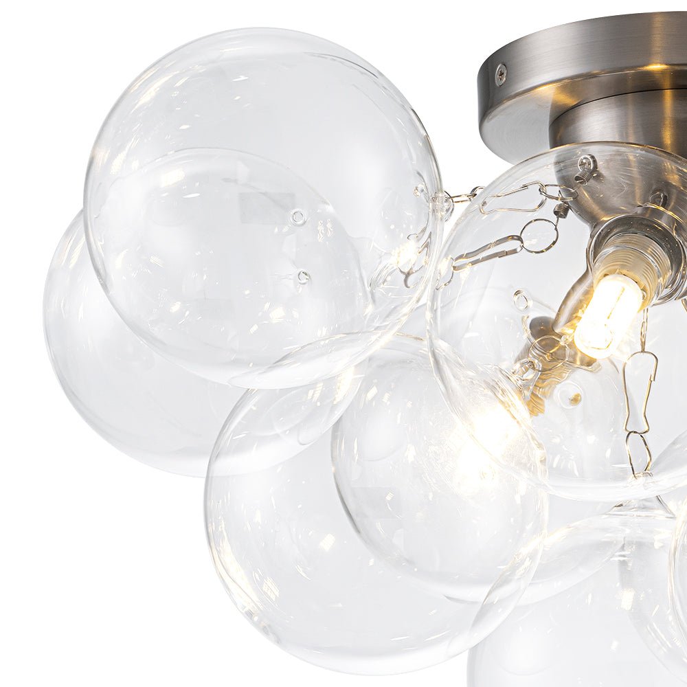 Clear Glass Globe Semi-Flush Ceiling Light, 3-Bulb Brushed Metal Cluster Fixture for Dining Room, Bedroom, Entryway, Bathroom | Thomler
