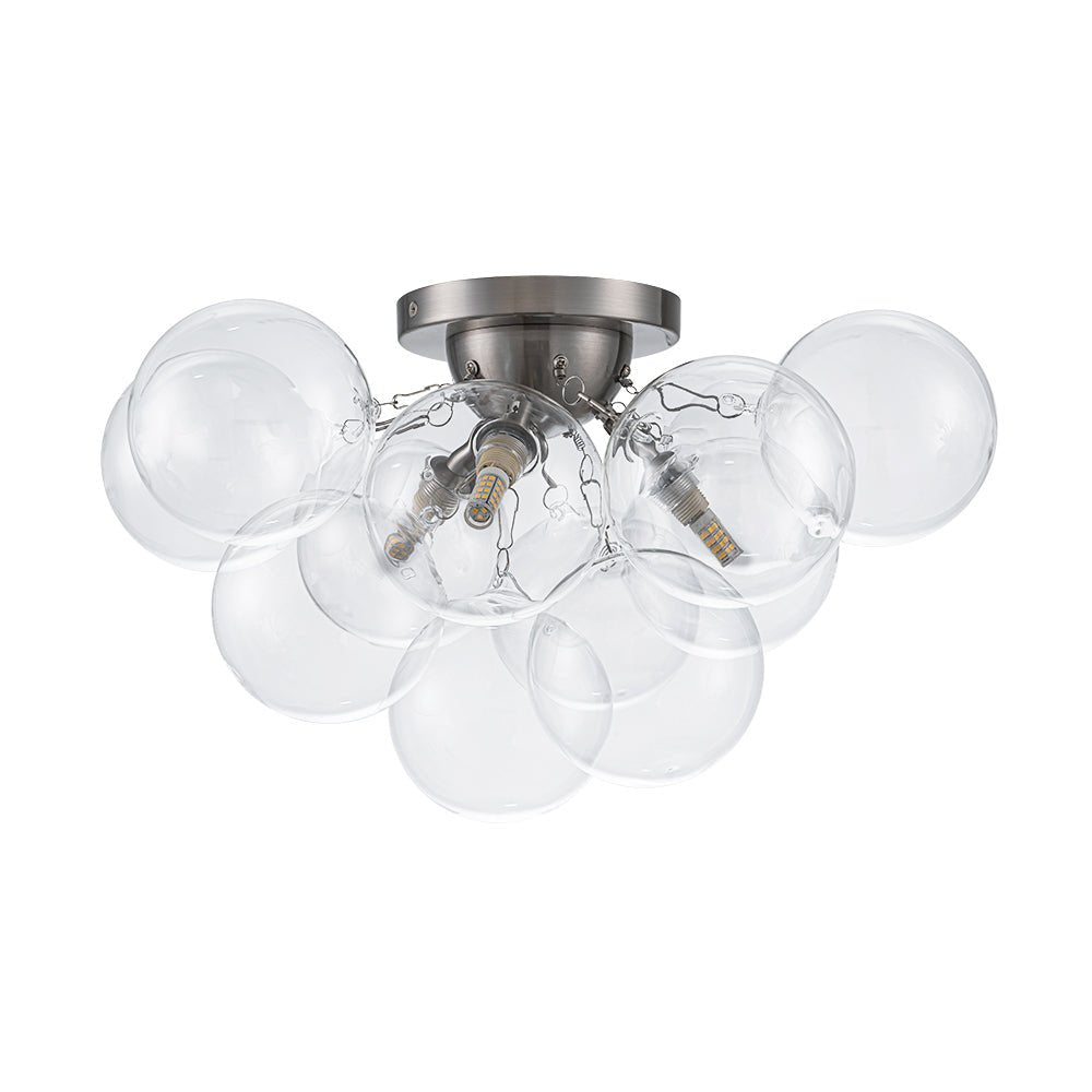 Clear Glass Globe Semi-Flush Ceiling Light, 3-Bulb Brushed Metal Cluster Fixture for Dining Room, Bedroom, Entryway, Bathroom | Thomler