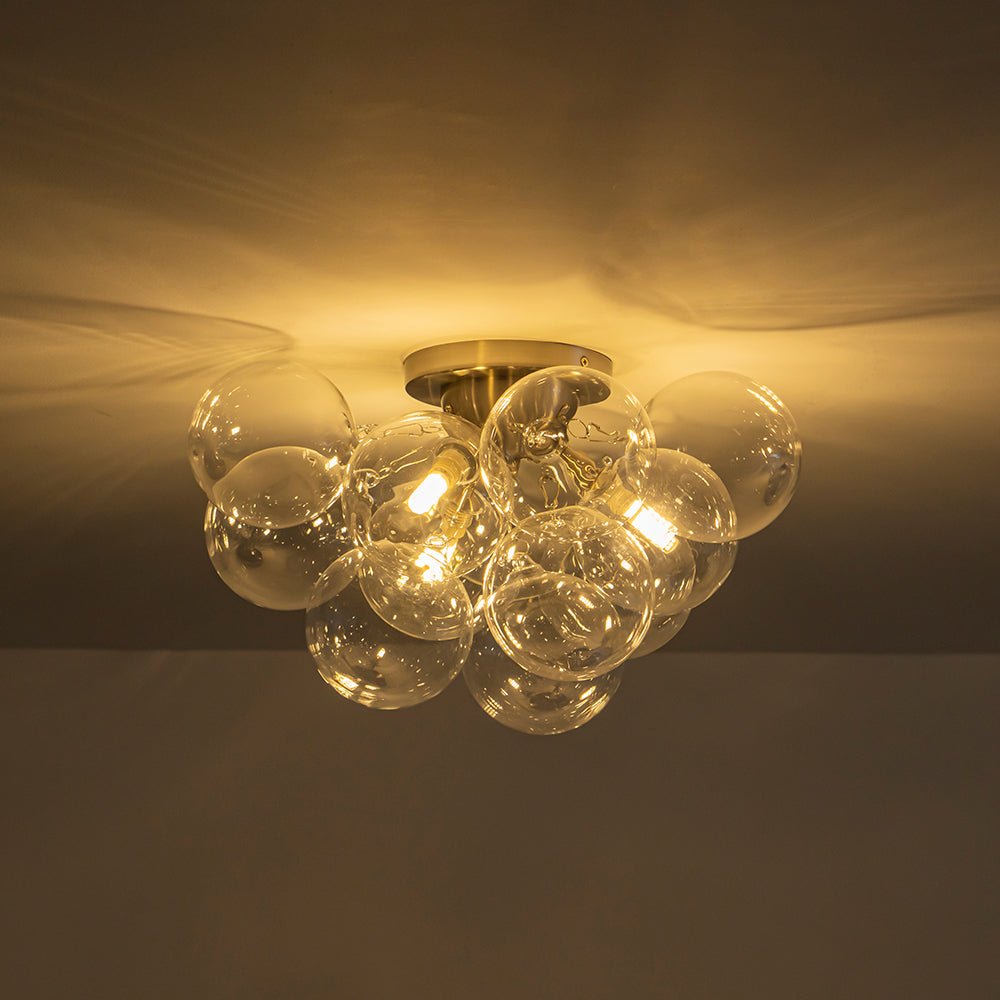 Clear Glass Globe Semi-Flush Ceiling Light, 3-Bulb Brushed Metal Cluster Fixture for Dining Room, Bedroom, Entryway, Bathroom | Thomler