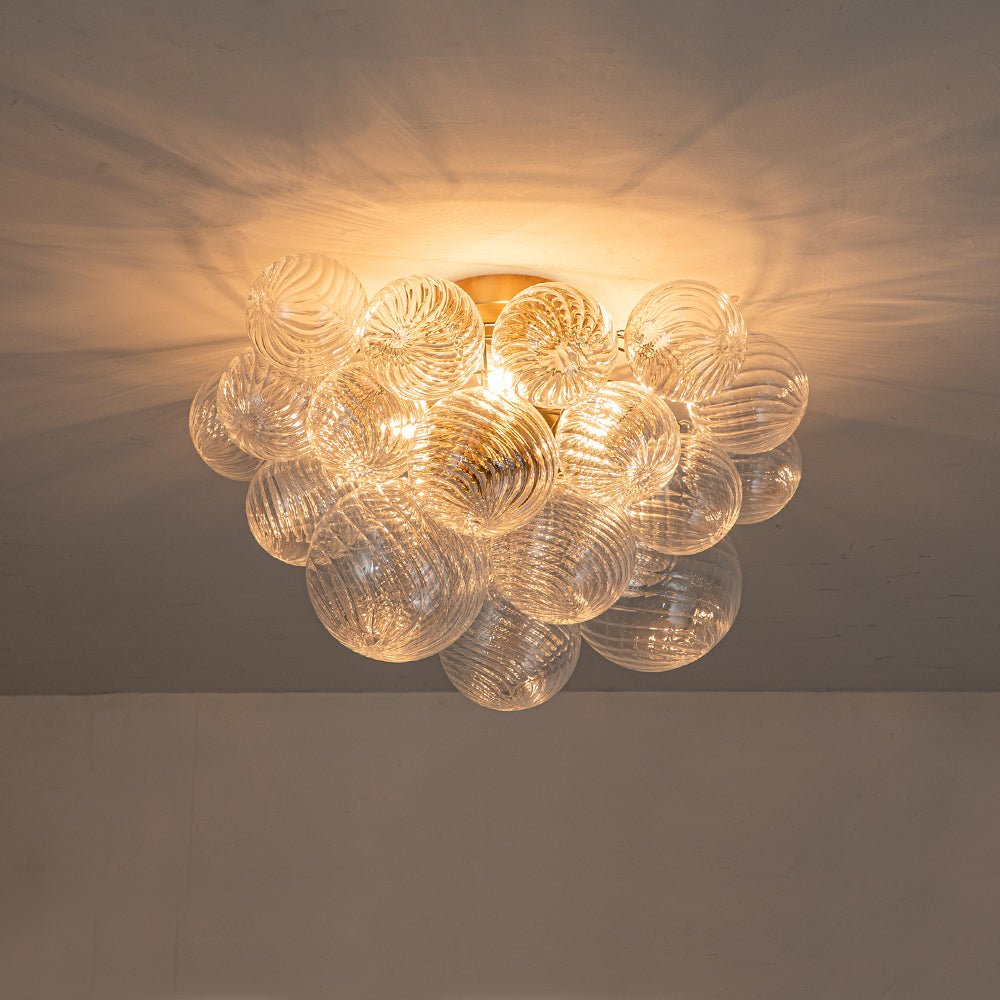Ribbed Glass Globe Semi-Flush Ceiling Light Fixture 3-Bulb Cluster Bubble Chandelier Brass or Nickel Mount | Thomler