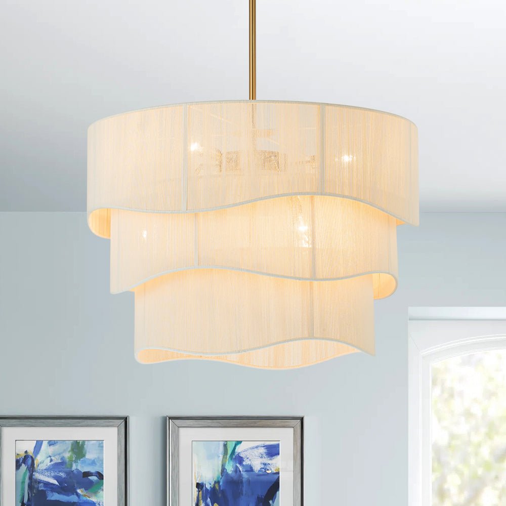 Bohemian 6-Light Tiered Chandelier with Hand-Woven Shade | Adjustable Drum Fixture for Dining Room & Entryway | Hardwired Candelabra Brass | Thomler