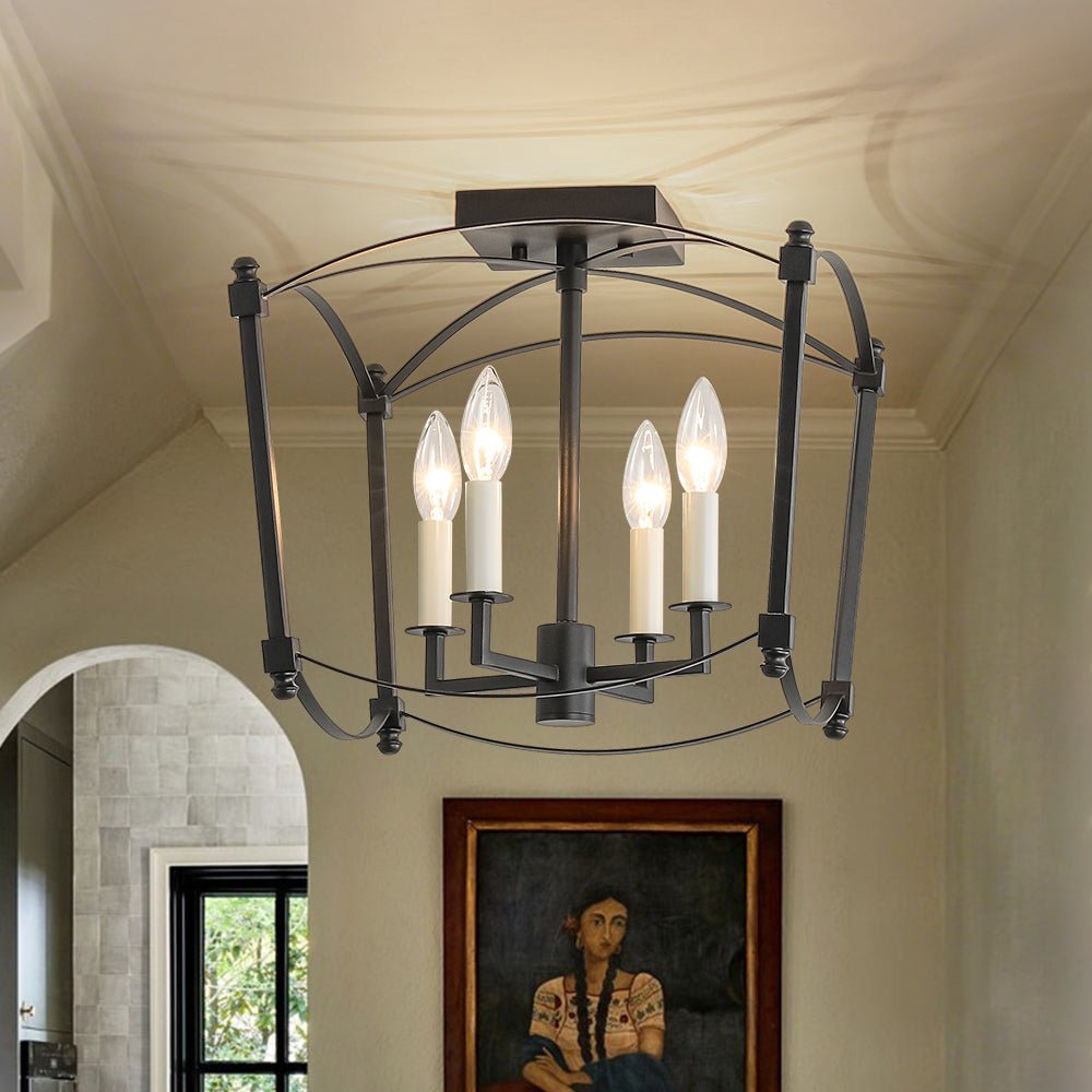 Square Cage Ceiling Light with Arched Frame & Candelabra Sockets for Entryway, Kitchen, Bedroom | Vintage Industrial Design | Thomler