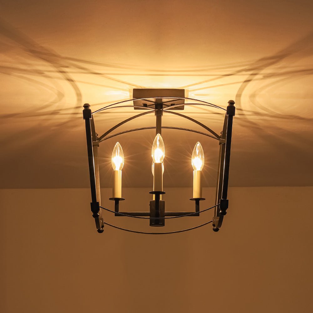 Square Cage Ceiling Light with Arched Frame & Candelabra Sockets for Entryway, Kitchen, Bedroom | Vintage Industrial Design | Thomler