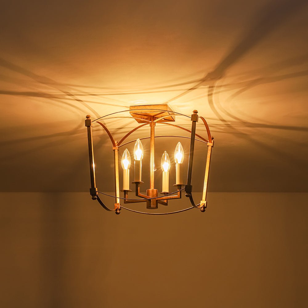 Square Cage Ceiling Light with Arched Frame & Candelabra Sockets for Entryway, Kitchen, Bedroom | Vintage Industrial Design | Thomler