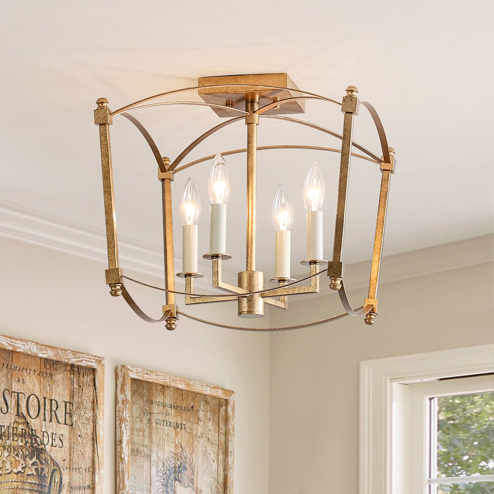Square Cage Ceiling Light with Arched Frame & Candelabra Sockets for Entryway, Kitchen, Bedroom | Vintage Industrial Design | Thomler
