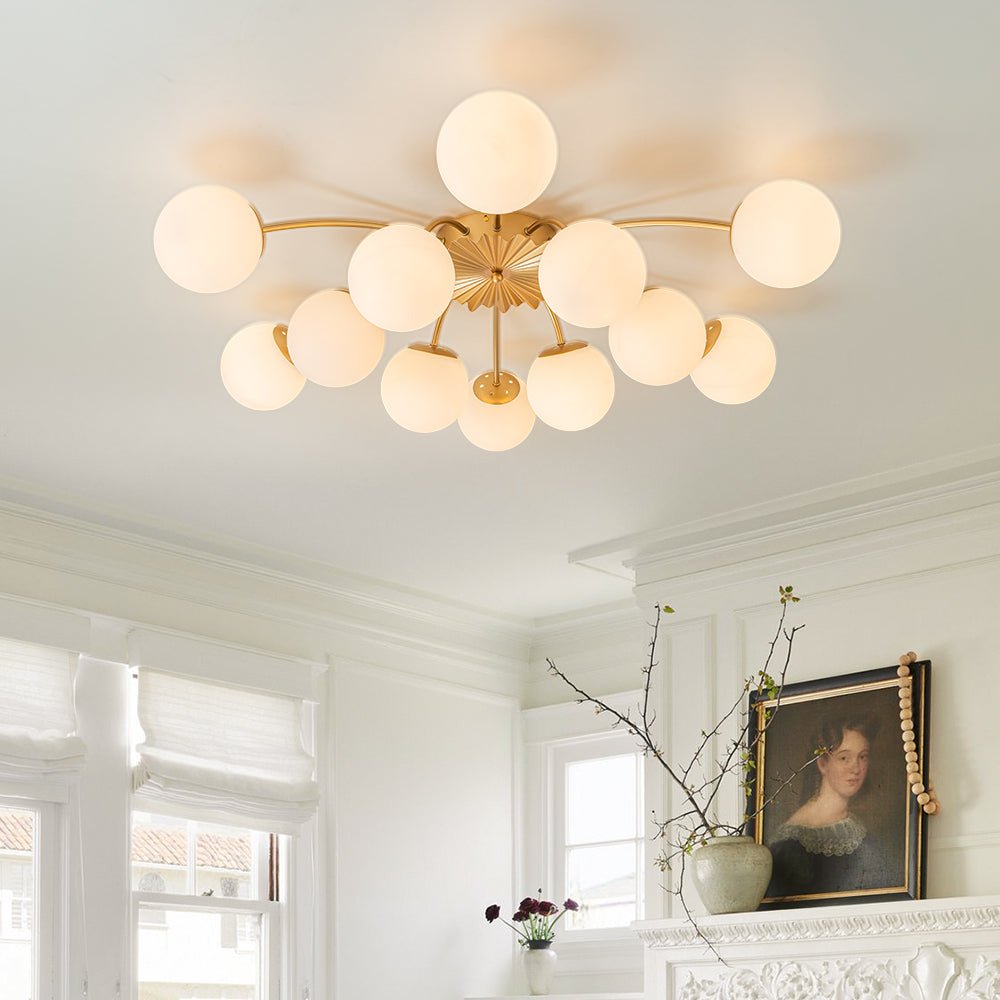 Frosted Globe Semi Flush Ceiling Light 12-Arm Brass Starburst Chandelier for Dining Room Mid Century Modern | Thomler