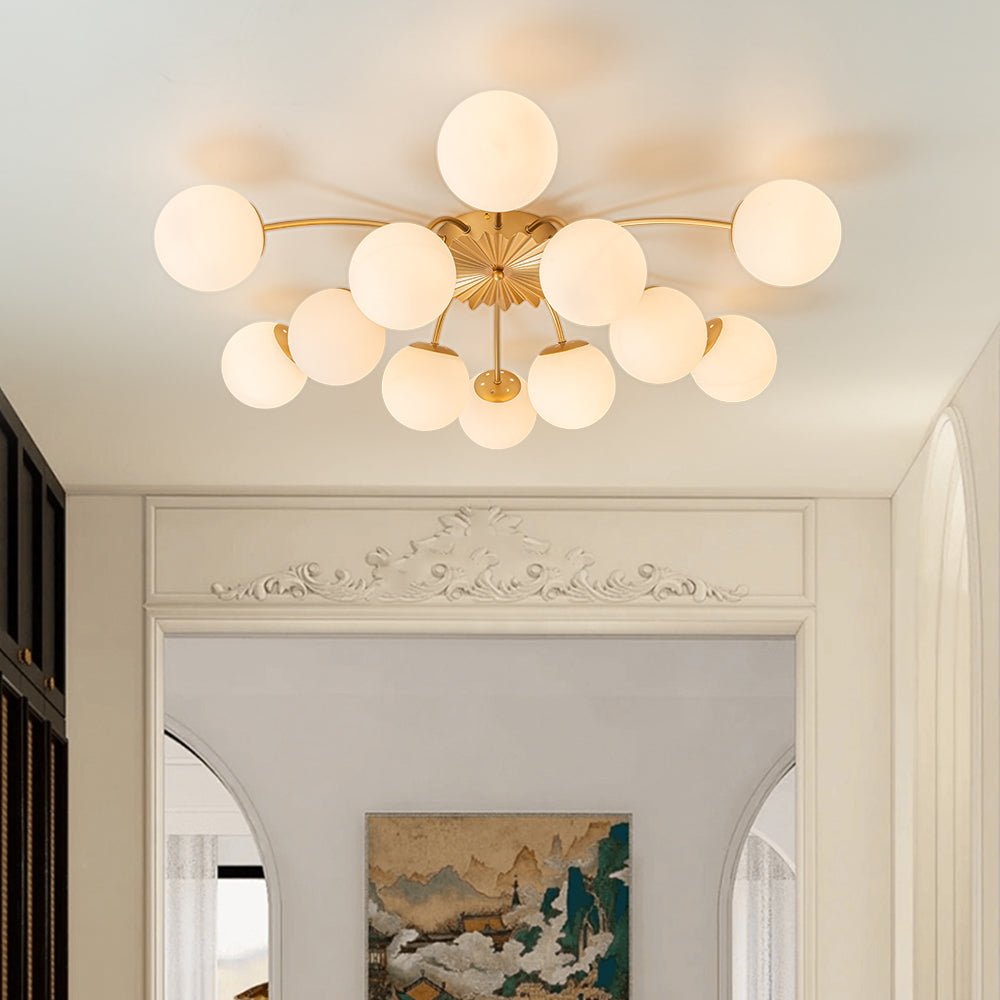 Frosted Globe Semi Flush Ceiling Light 12-Arm Brass Starburst Chandelier for Dining Room Mid Century Modern | Thomler