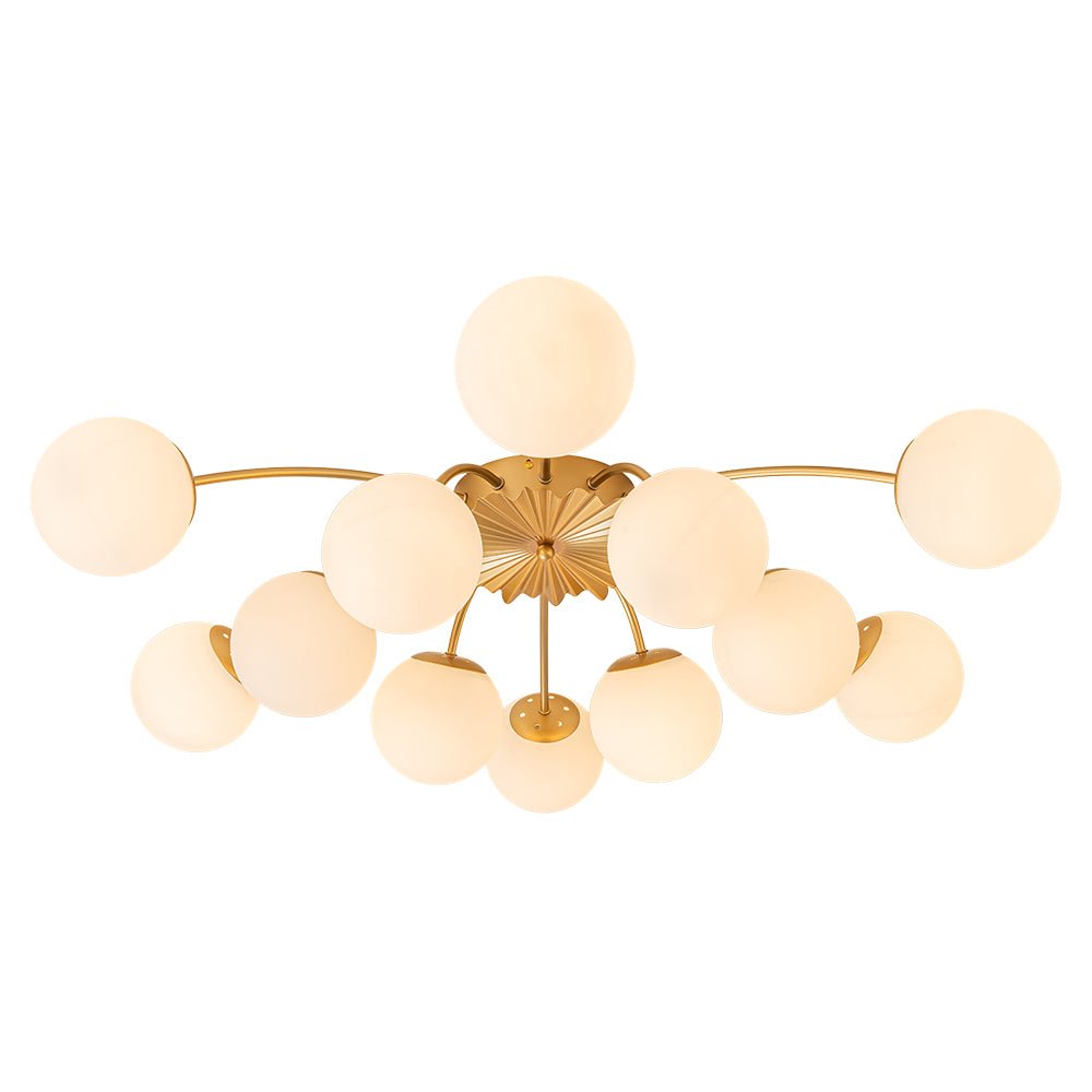 Frosted Globe Semi Flush Ceiling Light 12-Arm Brass Starburst Chandelier for Dining Room Mid Century Modern | Thomler