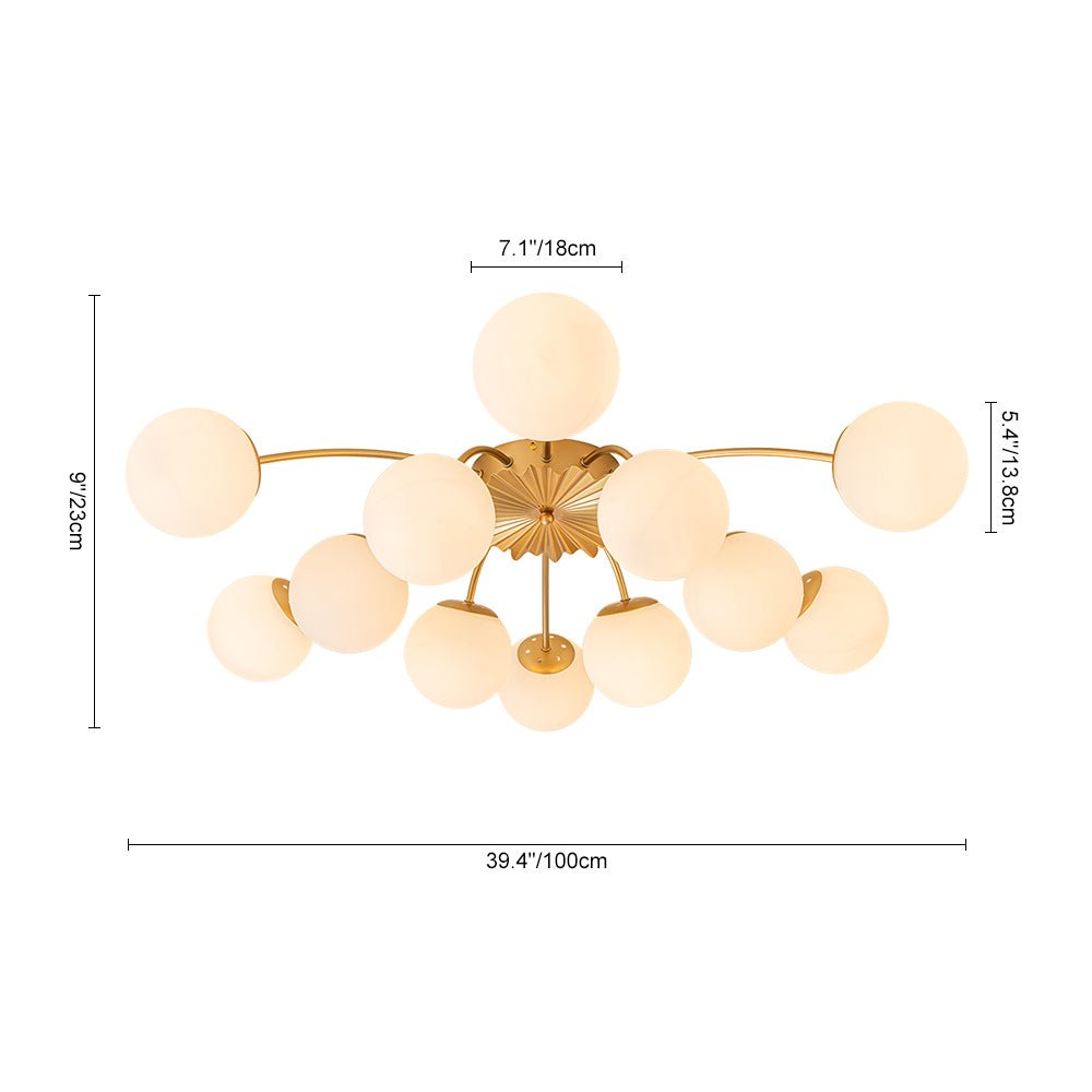 Frosted Globe Semi Flush Ceiling Light 12-Arm Brass Starburst Chandelier for Dining Room Mid Century Modern | Thomler