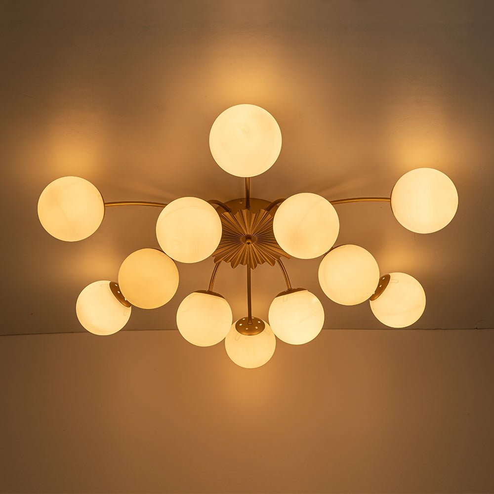 Frosted Globe Semi Flush Ceiling Light 12-Arm Brass Starburst Chandelier for Dining Room Mid Century Modern | Thomler