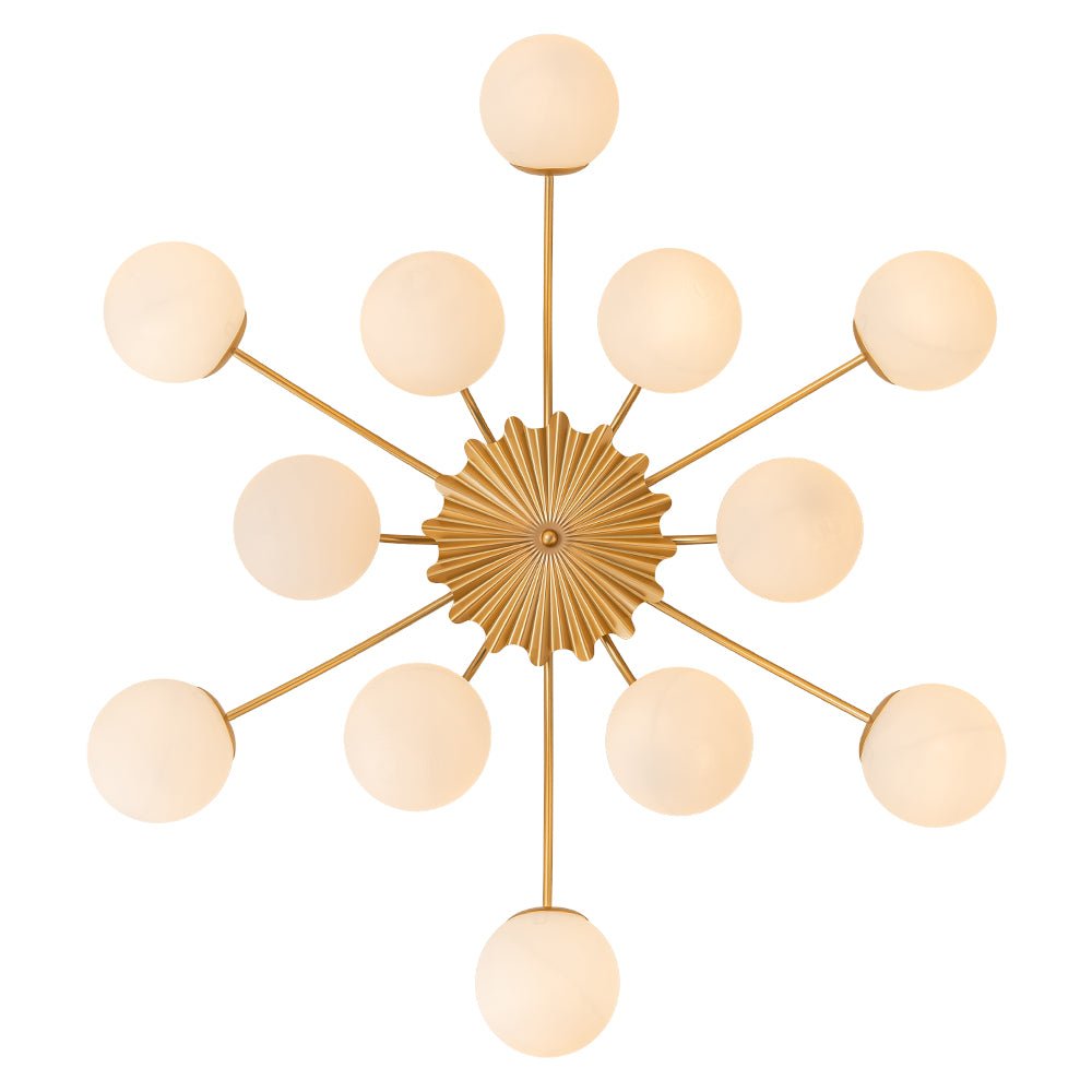Frosted Globe Semi Flush Ceiling Light 12-Arm Brass Starburst Chandelier for Dining Room Mid Century Modern | Thomler