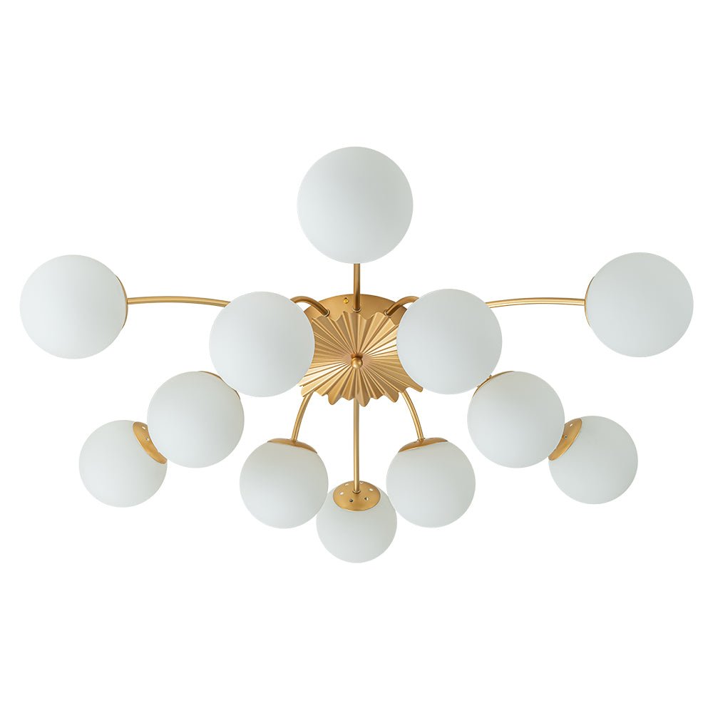 Frosted Globe Semi Flush Ceiling Light 12-Arm Brass Starburst Chandelier for Dining Room Mid Century Modern | Thomler