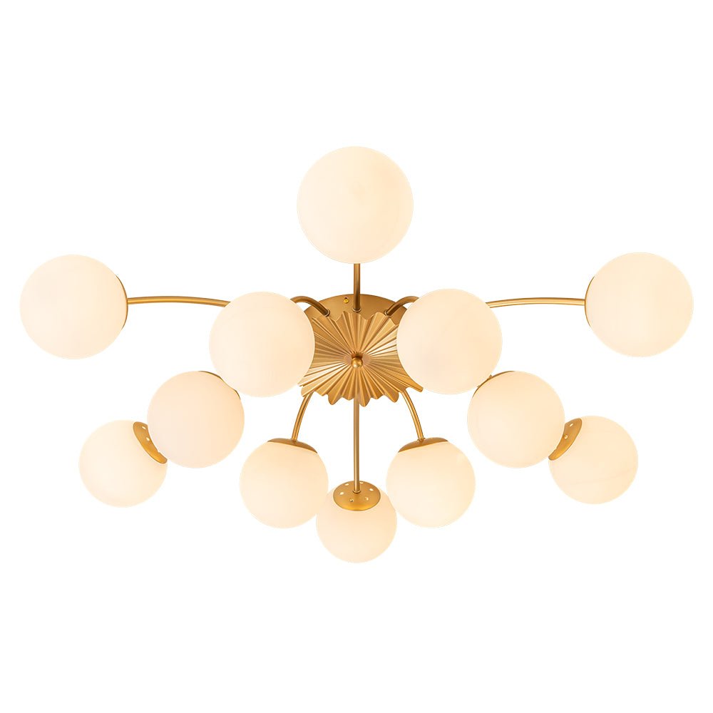 Frosted Globe Semi Flush Ceiling Light 12-Arm Brass Starburst Chandelier for Dining Room Mid Century Modern | Thomler