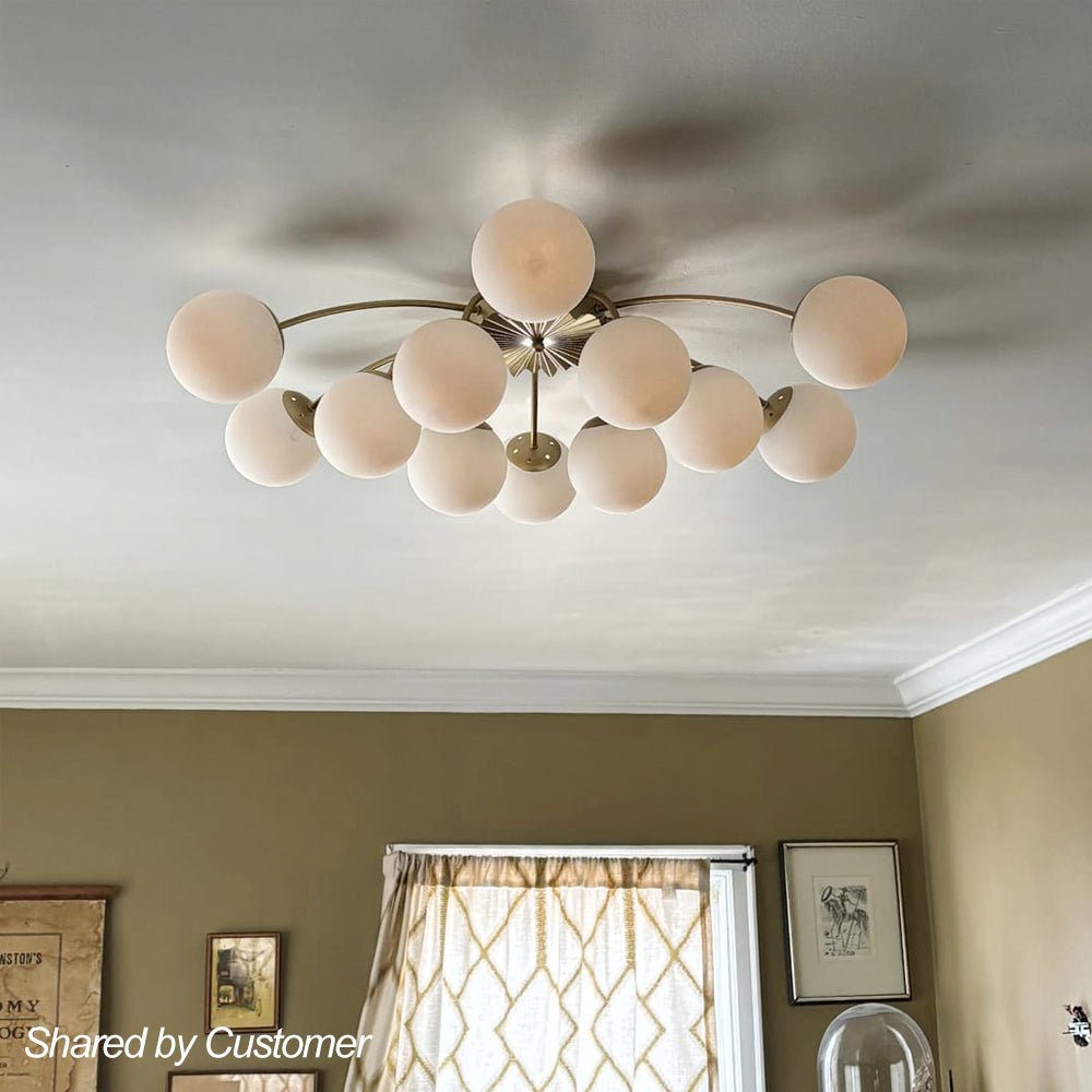 Frosted Globe Semi Flush Ceiling Light 12-Arm Brass Starburst Chandelier for Dining Room Mid Century Modern | Thomler