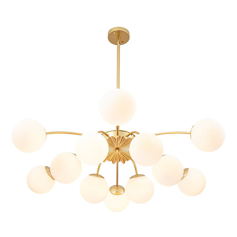 Frosted Globe Semi Flush Ceiling Light 12-Arm Brass Starburst Chandelier for Dining Room Mid Century Modern | Thomler