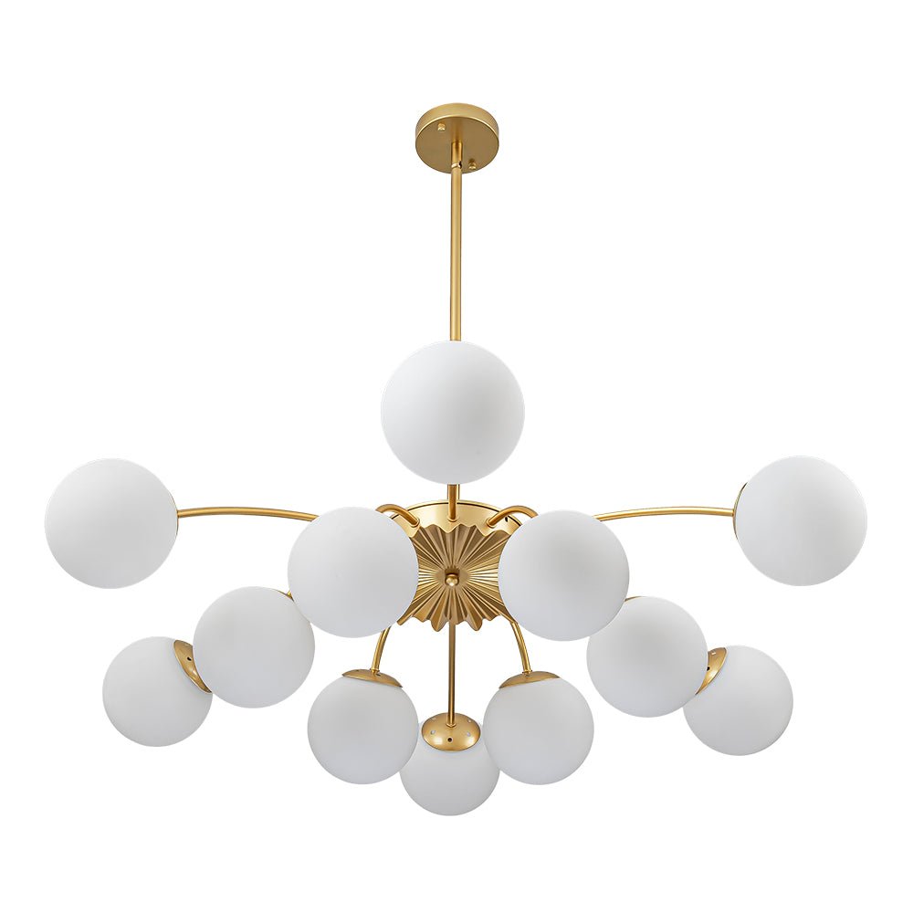 Frosted Globe Semi Flush Ceiling Light 12-Arm Brass Starburst Chandelier for Dining Room Mid Century Modern | Thomler