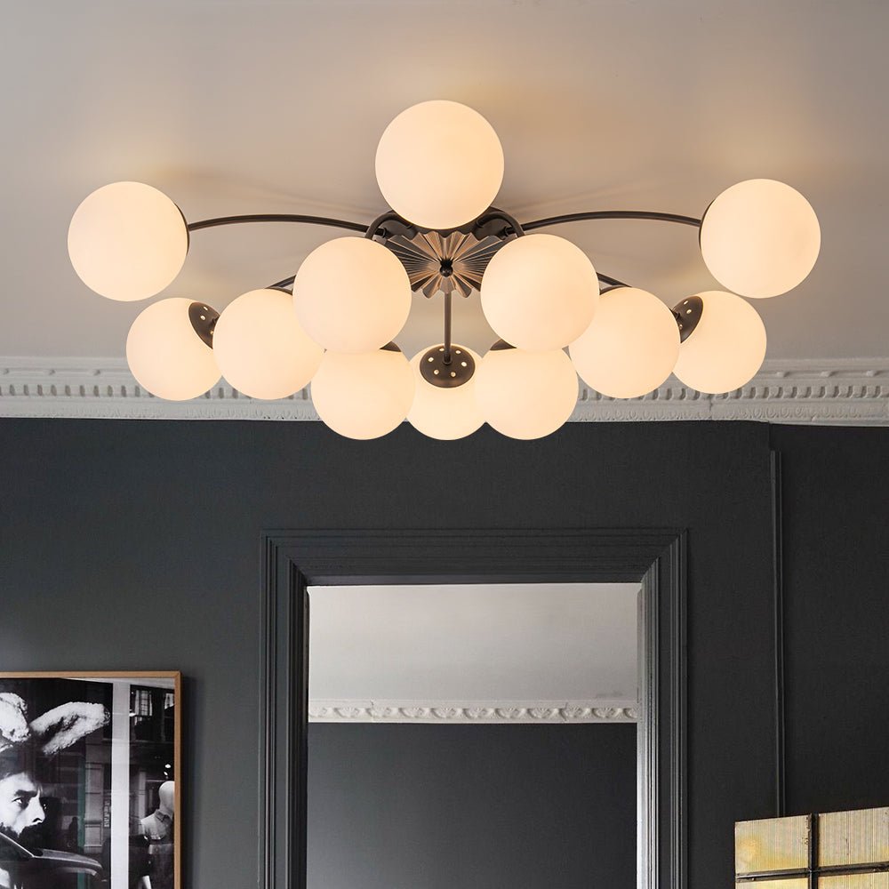 Frosted Globe Semi Flush Ceiling Light 12-Arm Brass Starburst Chandelier for Dining Room Mid Century Modern | Thomler
