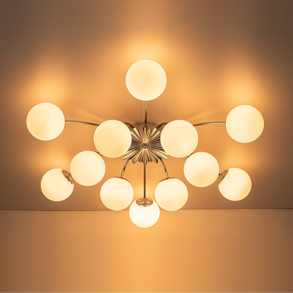 Frosted Globe Semi Flush Ceiling Light 12-Arm Brass Starburst Chandelier for Dining Room Mid Century Modern | Thomler