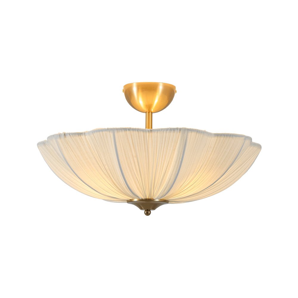 Three-Light Ceiling Lamp with Gathered Fabric Dome and Brass Accents | Thomler