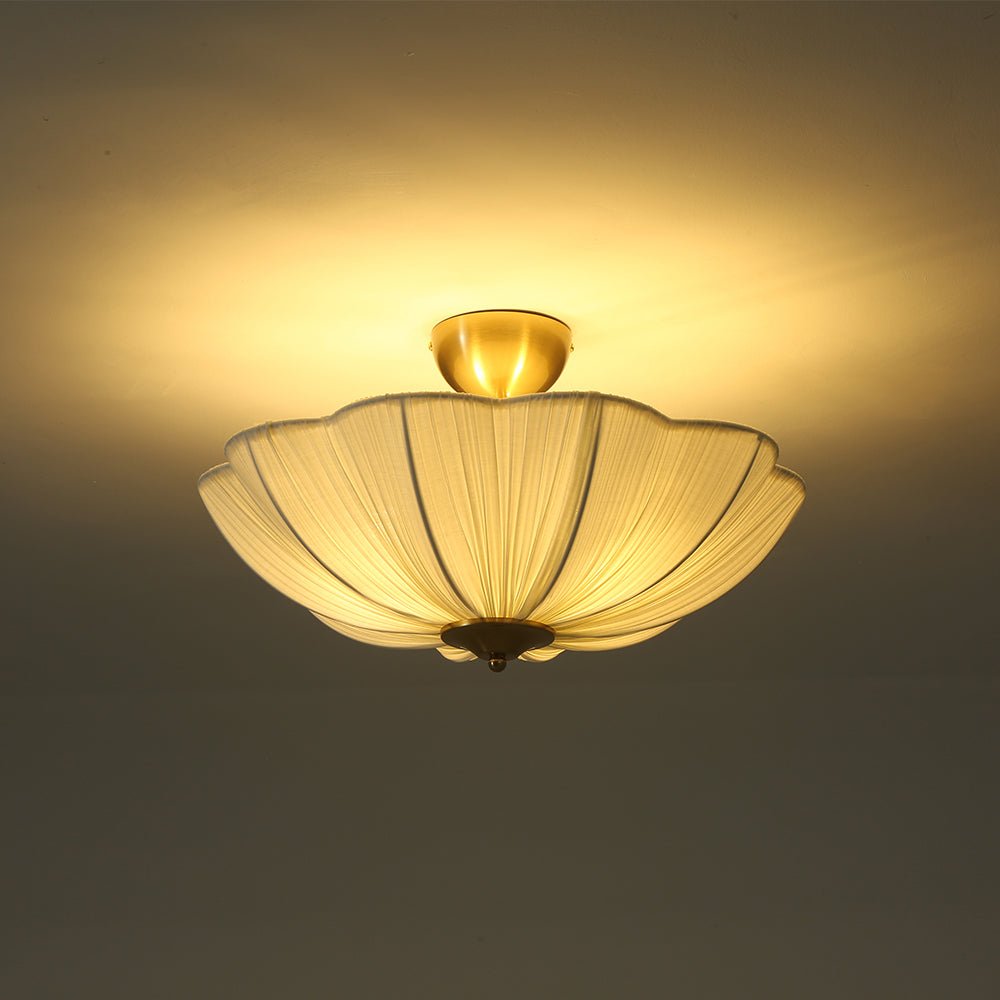 Three-Light Ceiling Lamp with Gathered Fabric Dome and Brass Accents | Thomler