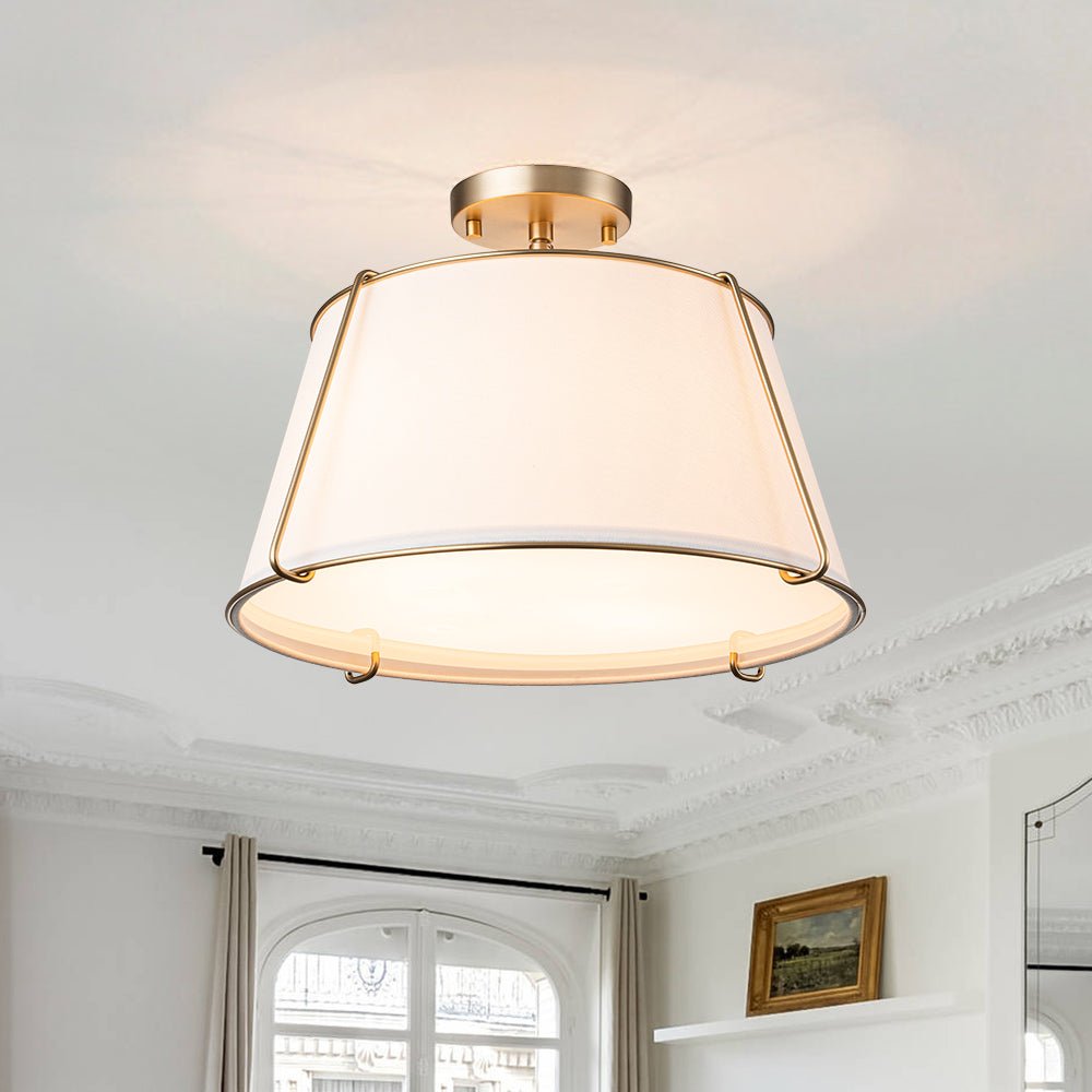 4-Light Linen Drum Semi Flush Ceiling Light with Brass Accents for Living Room, Dining Room, Bedroom | Mid-Century Modern Tapered Shade | Thomler