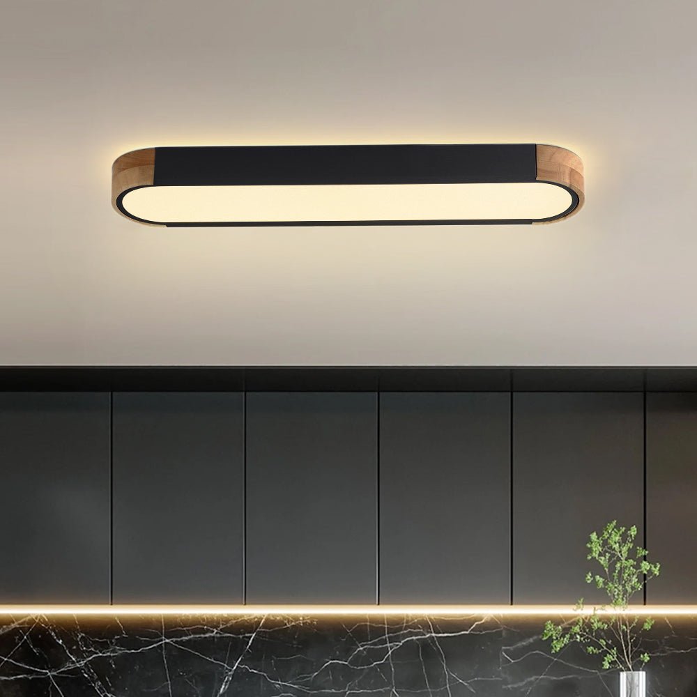 Slim Oval LED Ceiling Light with Wood Accents | Dimmable Flush Mount for Living Room Bedroom | Modern Low Profile Fixture | Hardwired | Thomler
