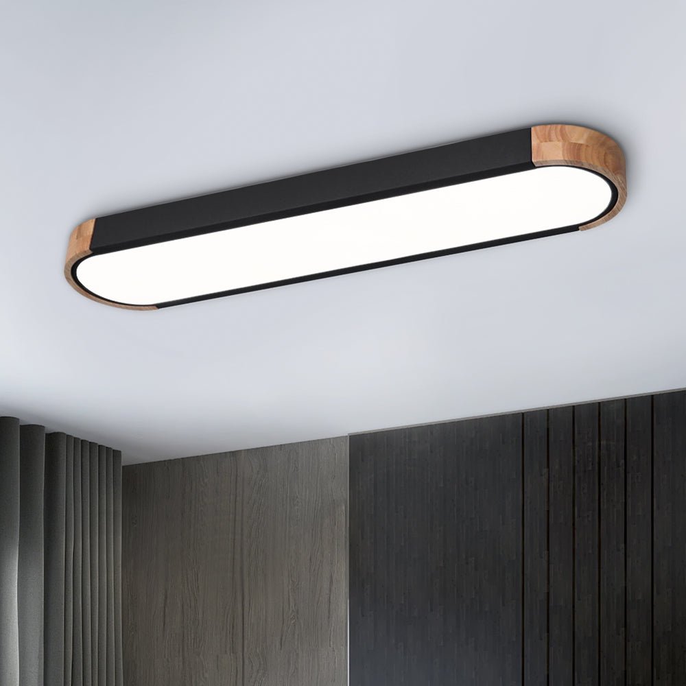 Slim Oval LED Ceiling Light with Wood Accents | Dimmable Flush Mount for Living Room Bedroom | Modern Low Profile Fixture | Hardwired | Thomler