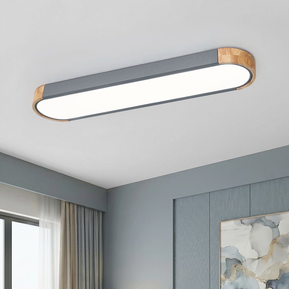Slim Oval LED Ceiling Light with Wood Accents | Dimmable Flush Mount for Living Room Bedroom | Modern Low Profile Fixture | Hardwired | Thomler