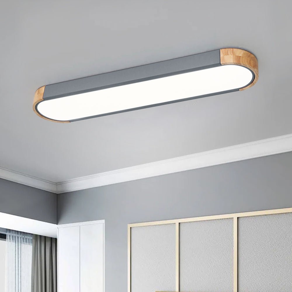 Slim Oval LED Ceiling Light with Wood Accents | Dimmable Flush Mount for Living Room Bedroom | Modern Low Profile Fixture | Hardwired | Thomler