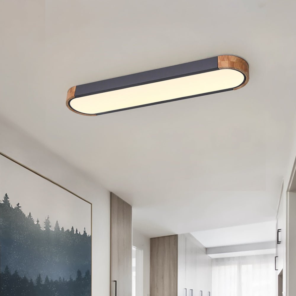 Slim Oval LED Ceiling Light with Wood Accents | Dimmable Flush Mount for Living Room Bedroom | Modern Low Profile Fixture | Hardwired | Thomler