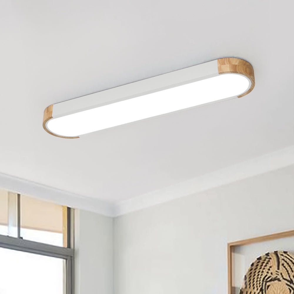 Slim Oval LED Ceiling Light with Wood Accents | Dimmable Flush Mount for Living Room Bedroom | Modern Low Profile Fixture | Hardwired | Thomler