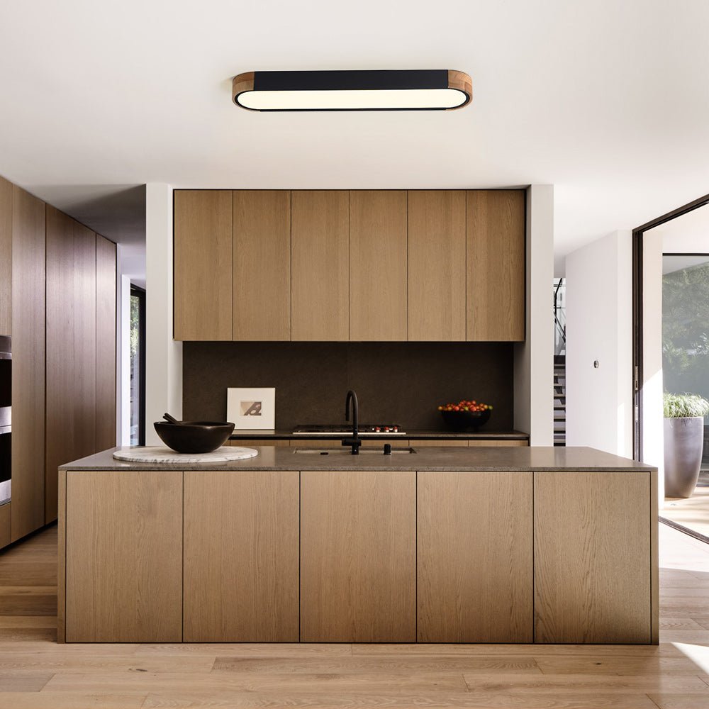 Slim Oval LED Ceiling Light with Wood Accents | Dimmable Flush Mount for Living Room Bedroom | Modern Low Profile Fixture | Hardwired | Thomler